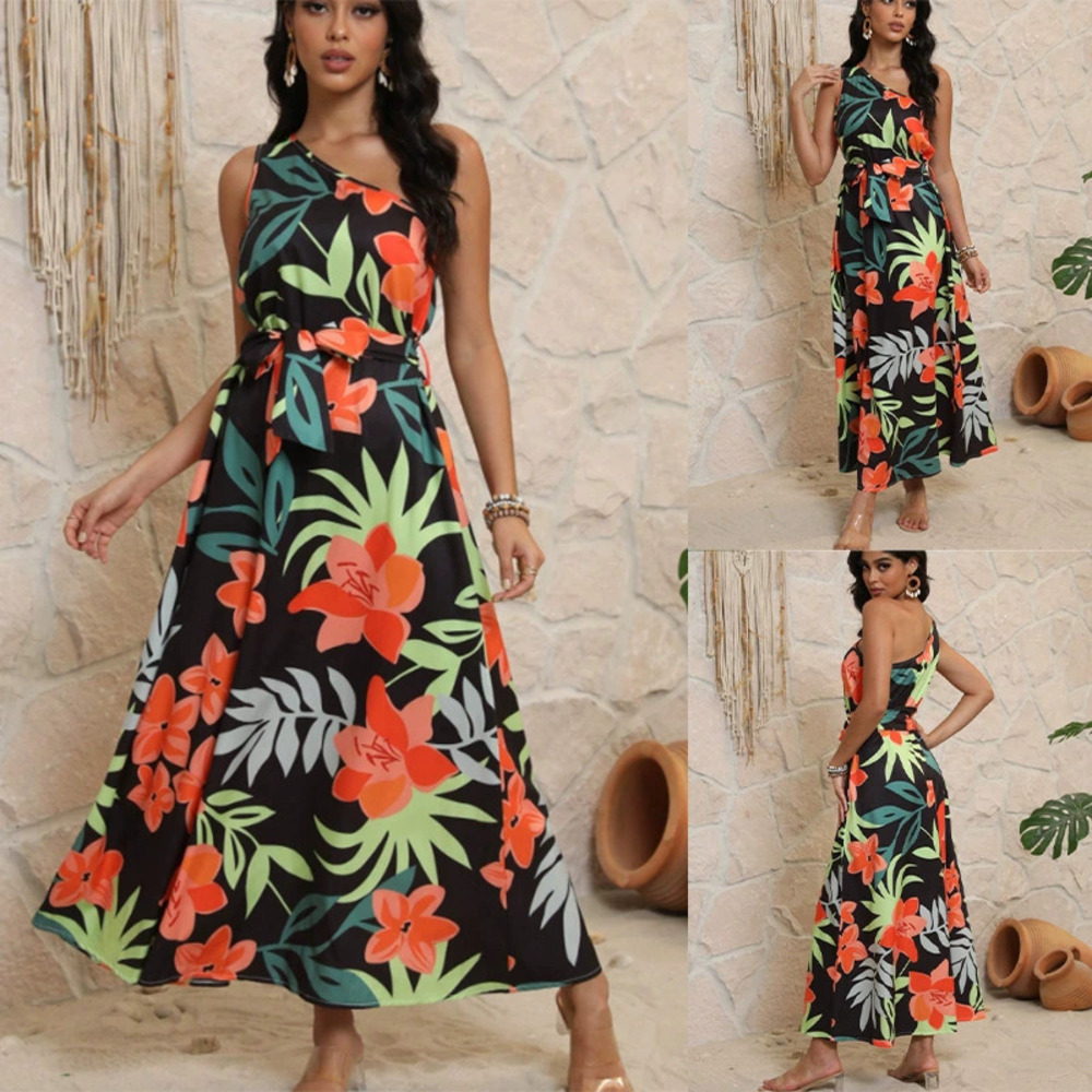 Zara Summer Casual Printed One Shoulder Maxi Dress